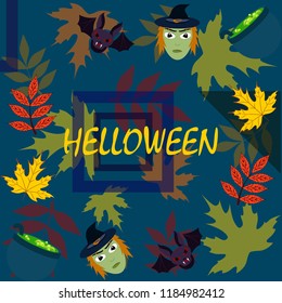 Halloween autumn fallen leaves mask witches bat vector