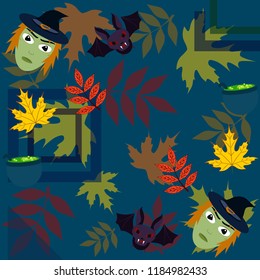 Halloween autumn fallen leaves mask witches bat vector