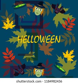 Halloween autumn fallen leaves mask witches bat vector