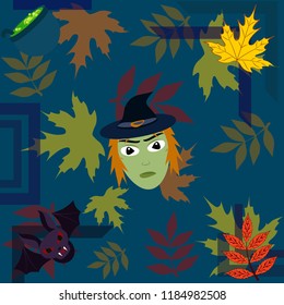 Halloween autumn fallen leaves mask witches bat vector