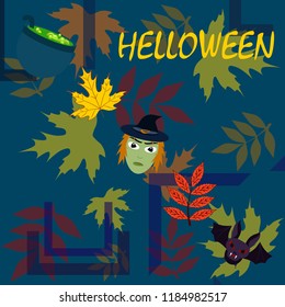 Halloween autumn fallen leaves mask witches bat vector