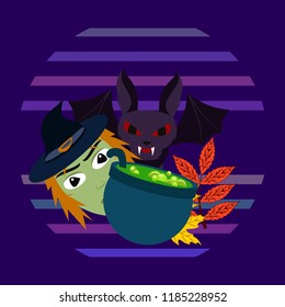 Halloween autumn fallen leaves mask witches bat vector