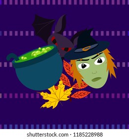 Halloween autumn fallen leaves mask witches bat vector