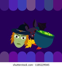 Halloween autumn fallen leaves mask witches bat vector