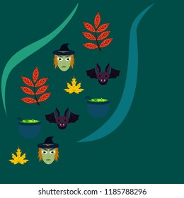 Halloween autumn fallen leaves mask witches bat vector