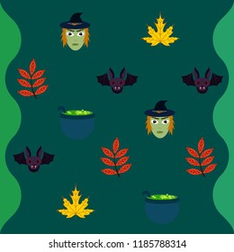 Halloween autumn fallen leaves mask witches bat vector