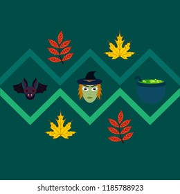 Halloween autumn fallen leaves mask witches bat vector