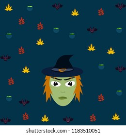 Halloween autumn fallen leaves, witch and bat vector