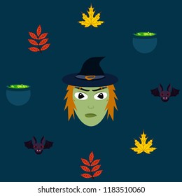 Halloween autumn fallen leaves, witch and bat vector
