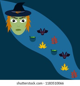 Halloween autumn fallen leaves, witch and bat vector
