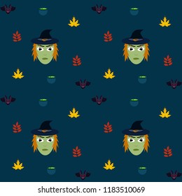 Halloween autumn fallen leaves, witch and bat vector