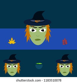 Halloween autumn fallen leaves, witch and bat vector