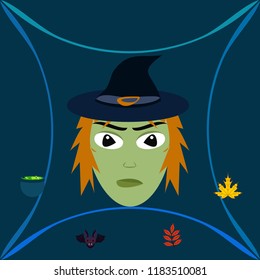 Halloween autumn fallen leaves, witch and bat vector