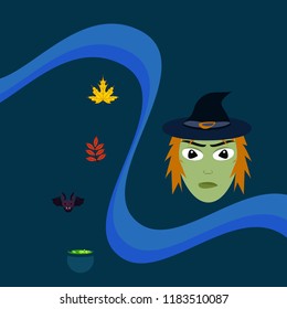 Halloween autumn fallen leaves, witch and bat vector