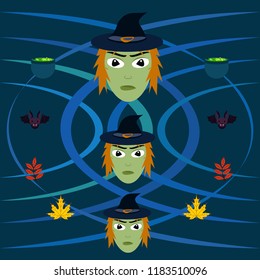 Halloween autumn fallen leaves, witch and bat vector