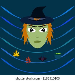 Halloween autumn fallen leaves, witch and bat vector