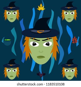 Halloween autumn fallen leaves, witch and bat vector