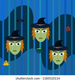 Halloween autumn fallen leaves, witch and bat vector