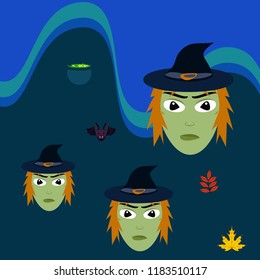 Halloween autumn fallen leaves, witch and bat vector