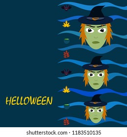 Halloween autumn fallen leaves, witch and bat vector