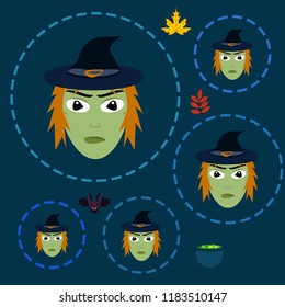 Halloween autumn fallen leaves, witch and bat vector