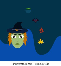 Halloween autumn fallen leaves, witch and bat vector