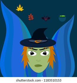 Halloween autumn fallen leaves, witch and bat vector