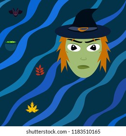 Halloween autumn fallen leaves, witch and bat vector