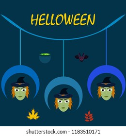 Halloween autumn fallen leaves, witch and bat vector