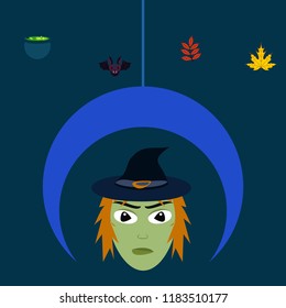 Halloween autumn fallen leaves, witch and bat vector