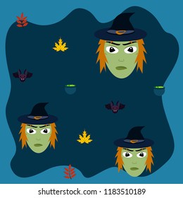 Halloween autumn fallen leaves, witch and bat vector