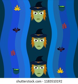 Halloween autumn fallen leaves, witch and bat vector