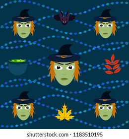 Halloween autumn fallen leaves, witch and bat vector