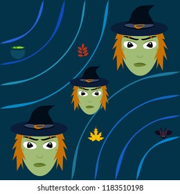 Halloween autumn fallen leaves, witch and bat vector