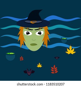 Halloween autumn fallen leaves, witch and bat vector