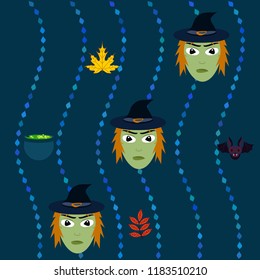 Halloween autumn fallen leaves, witch and bat vector