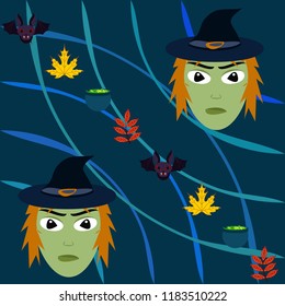 Halloween autumn fallen leaves, witch and bat vector