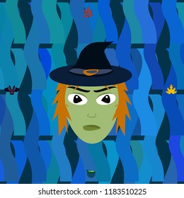 Halloween autumn fallen leaves, witch and bat vector