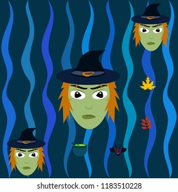 Halloween autumn fallen leaves, witch and bat vector