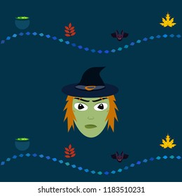 Halloween autumn fallen leaves, witch and bat vector