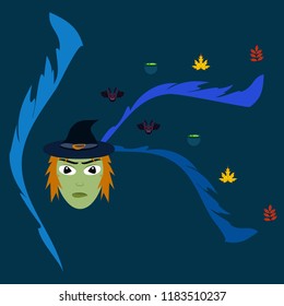 Halloween autumn fallen leaves, witch and bat vector
