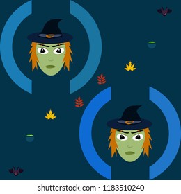 Halloween autumn fallen leaves, witch and bat vector