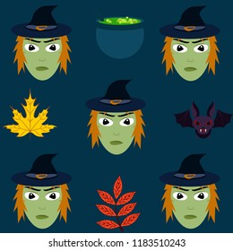 Halloween autumn fallen leaves, witch and bat vector