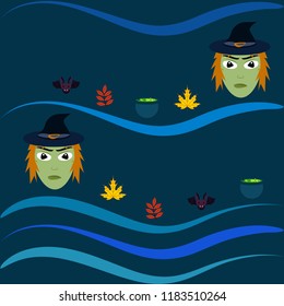 Halloween autumn fallen leaves, witch and bat vector