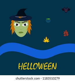 Halloween autumn fallen leaves, witch and bat vector