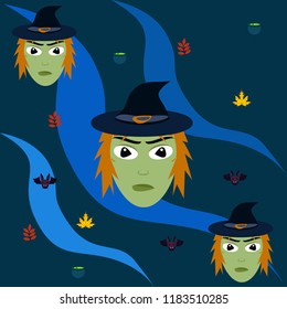 Halloween autumn fallen leaves, witch and bat vector