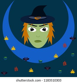 Halloween autumn fallen leaves, witch and bat vector