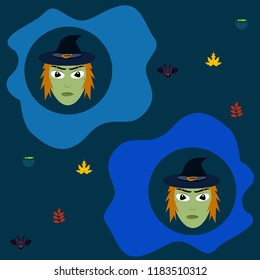 Halloween autumn fallen leaves, witch and bat vector