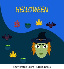 Halloween autumn fallen leaves, witch and bat vector