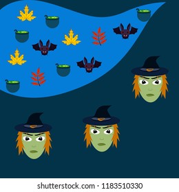 Halloween autumn fallen leaves, witch and bat vector